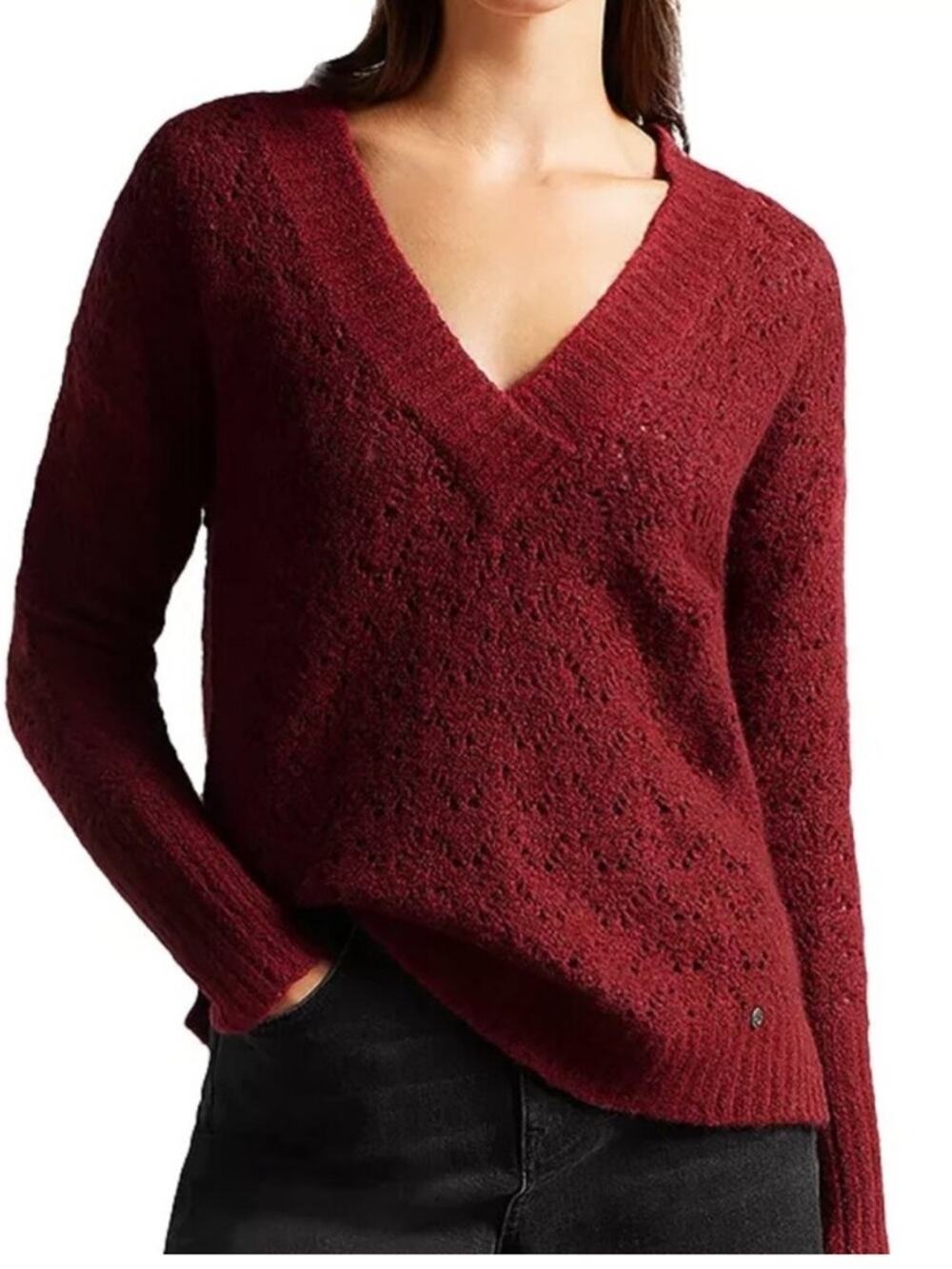 Ted‎ Baker Jackeiy V Neck Sweater burgundy pointelle sz 6 or S